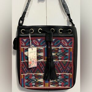NWT Johnny Was Eitienne Leather Crossbody Bag Multi Color Embroidery and Tassel